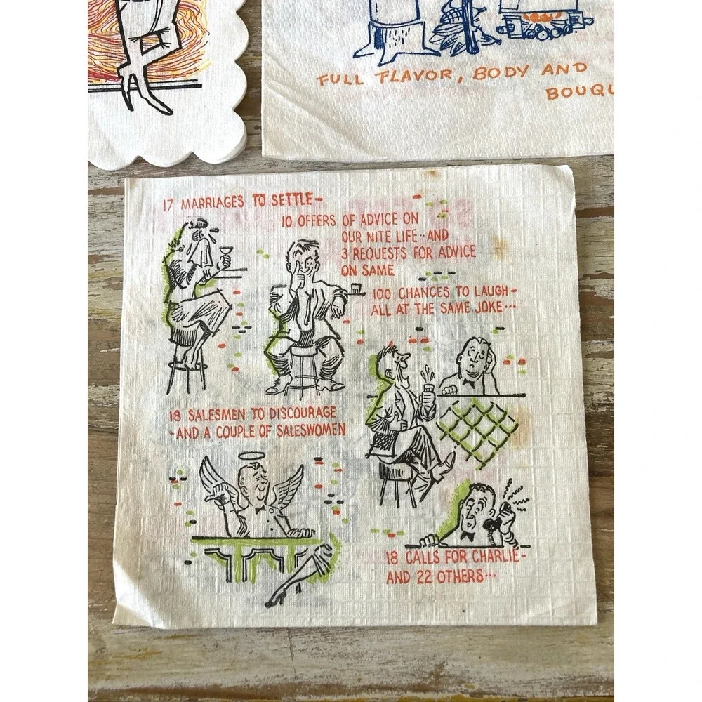 Vintage bar paper cocktail napkins gag joke themed drinking bartenders 1960's